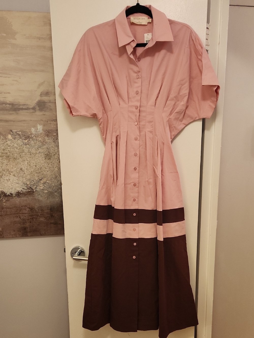 Exquise Pink and Brown Button-Front Maxi Dress